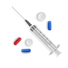 Set of medical syringes with medical tablets and capsules. Illustration of medical syringes with needles in realistic style. Top view. Vector EPS 10 illustration