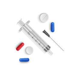 Set of medical syringes with medical tablets and capsules. Illustration of medical syringes with needles in realistic style. Top view. Vector EPS 10 illustration