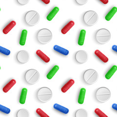 Seamless, endless pattern, Medicine background with pills tablets in realistic style design for your cover or packing. Vector EPS 10 illustration