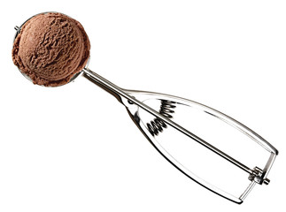 Ice cream scoop or scooper with chocolate ice cream isolated on white background
