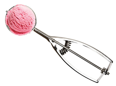 Title: Ice Cream Scoop Or Scooper With Strawberry Ice Cream Isolated On White Background