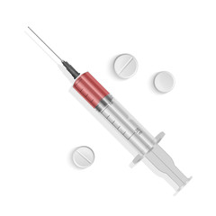 Set of medical syringes. Syringes are filled with a solution of vaccine. Illustration of medical syringes with needles in realistic style. Vector EPS 10 illustration