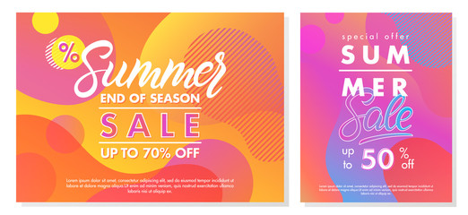 Summer sale banners with bright gradient background,shapes and geometric elements in memphis style.Sale season card perfect for prints, flyers,banners, promotion,special offer and more.