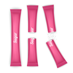 Foil or paper of pink color Packaging Stick for Coffee, Salt, Sugar, Pepper Or Spices. Realistic mesh vector mockup illustration.