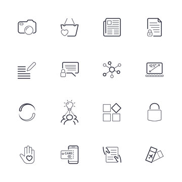 Different simple icons for web, sites, app. Icons set with thin line: camera, newspaper, tiket, atm, card, lock, laptop, comment, contract. Editable stroke