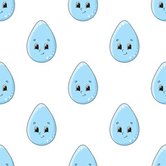 Happy drop. Colored seamless pattern with cute cartoon character. Simple flat vector illustration isolated on white background. Design wallpaper, fabric, wrapping paper, covers, websites.