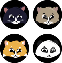 Set of faces of cute animals in cartoon style. Panda, cat, fox, raccoon. Friendship, game. Children's illustration. Logo design for a veterinary clinic, a zoo, a shelter.