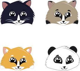 Set of faces of cute animals in cartoon style. Panda, cat, fox, raccoon. Friendship, game. Children's illustration. Logo design for a veterinary clinic, a zoo, a shelter.
