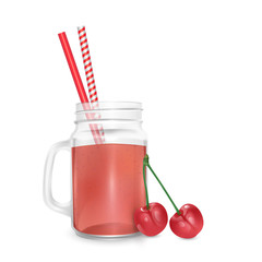 The jar of smoothies of red cherry and striped straw for cocktails isolated on white background for advertising your products drinks in restaurants and cafes. Vector EPS 10 illustration