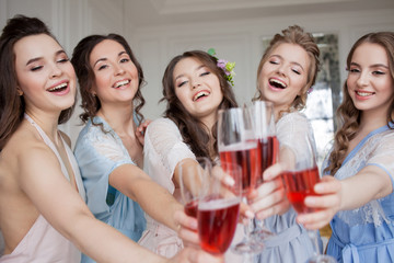 Cheerful young women raise a toast and clink glasses. Birthday or bachelorette party.