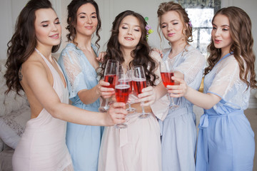 Cheerful young girlfriends raise a toast and clink glasses.