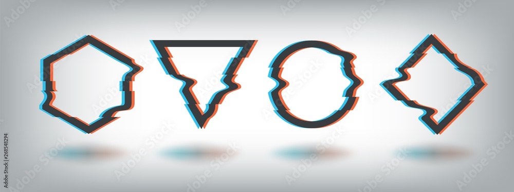 Poster Glitch effect frames. Distorted noise shape, vhs tv defect, dynamic abstract music logo, circle square triangle static video vector set