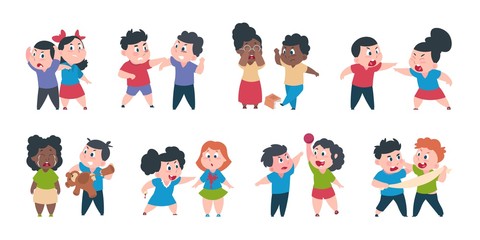 Kid bullying. Bad child behavior, scared and strong angry children conflict, cartoon characters confrontation. Vector bad young boy bullying