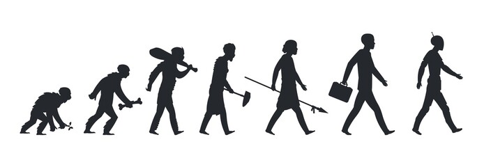Human evolution silhouette. Monkey ape and caveman to businessman growing concept. Vector mankind development and evolution men