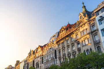 Fototapeta na wymiar Outdoor sunny view of beautiful exterior Art Nouveau facade of buildings around Wenceslas Square in Prague, Czech Republic.