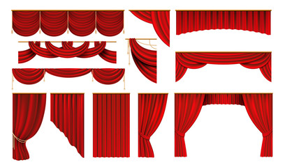 Realistic red curtains. Cinema and theater stage borders, 3D elegant backdrop folding drapery. Vector movie and opera interior silk