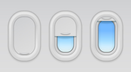 Airplane windows. Aircraft portholes with blue sky and fuselage background, vector open closed and half closed types of plane window in wall aeroplane