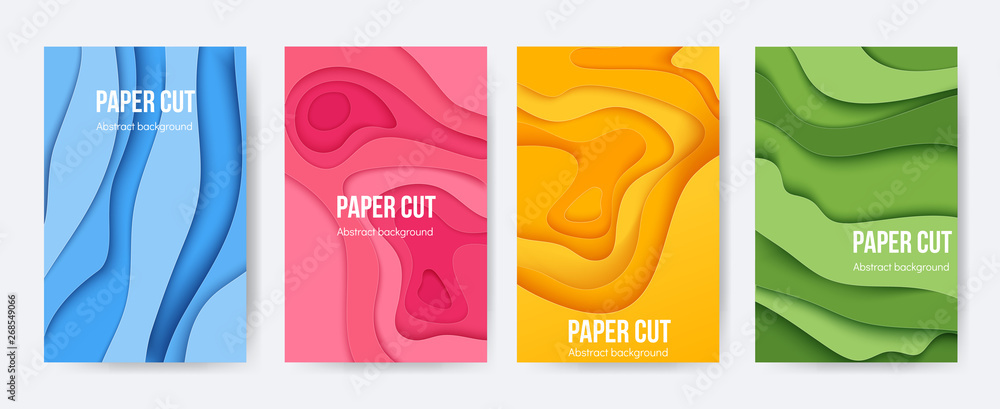 Poster paper cut posters. 3d background with abstract layer forms, minimal origami flyers, liquid paper sha