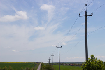 Fototapeta na wymiar a field road with a power line surrounded by sown fields