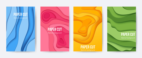Paper cut posters. 3D background with abstract layer forms, minimal origami flyers, liquid paper shapes. Vector colourful cartoon flyers and brochures