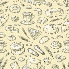 Hand drawn bakery pattern. Vintage bread and cakes doodle sketch design template, sweet pies and cookies. Vector wallpaper bakery illustrations set
