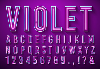Bright neon letters. Violet glowing font, light box alphabet and neons lights lettering with shadow 3d vector illustration set © Tartila