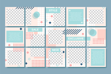 Memphis style post template. Social media posts branding, 80s fashion minimal grid and trendy abstract puzzle layout vector set