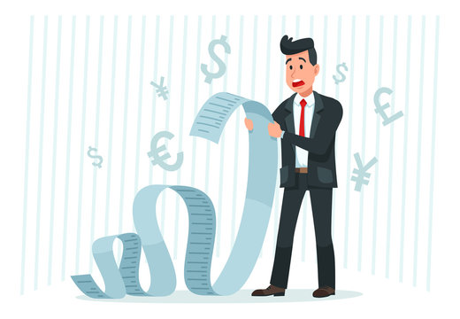 Pay big bill. Businessman holding long bill, shocked by payment amount and paying finance bills cartoon vector