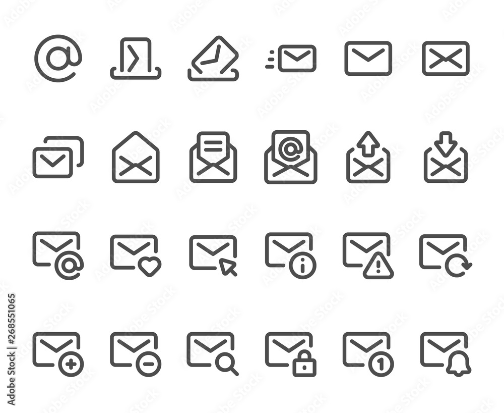 Poster outline mail icon. mailbox envelope, email inbox messages and line mails icons vector set