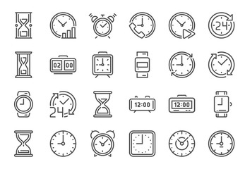 Outline clock icons. Line time, 24 hours clocks and hourglass icon vector set
