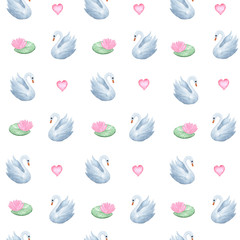 illustration watercolor seamless simple pattern of swans and pink hearts with pink water lilies and green leaves on a white background. for design, for cards, banners, paper