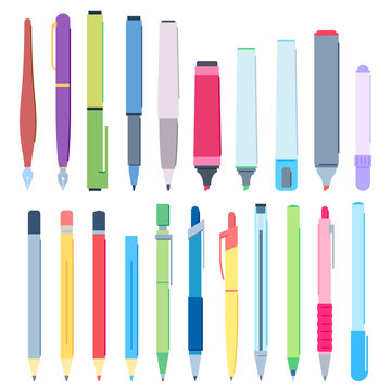 Cartoon pens and pencils. Writing pen, drawing pencil and highlighter marker vector illustration set