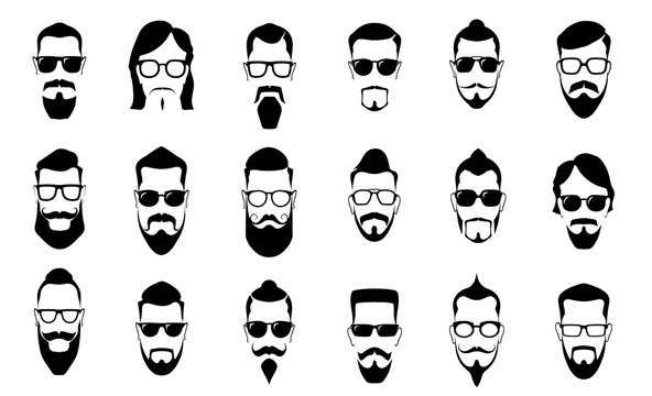 Male moustache, beard and haircut. Vintage moustaches silhouettes, man hairstyle and guy face portrait vector silhouette icons set