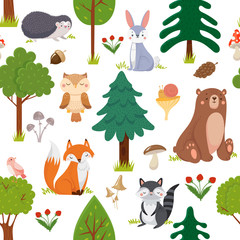 Nahtloses Waldtiermuster. Sommerwald niedliches Tier der wild lebenden Tiere und Wälder floraler Cartoon-Vektorhintergrund