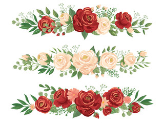 Panoramic flowers borders. Rose bud, flower border and roses header panorama floral banner vector illustration