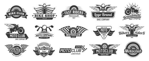 Foto op Plexiglas Biker club emblems. Retro motorcycle rider badges, moto sports emblem and motorbike silhouette badge vector set © Tartila