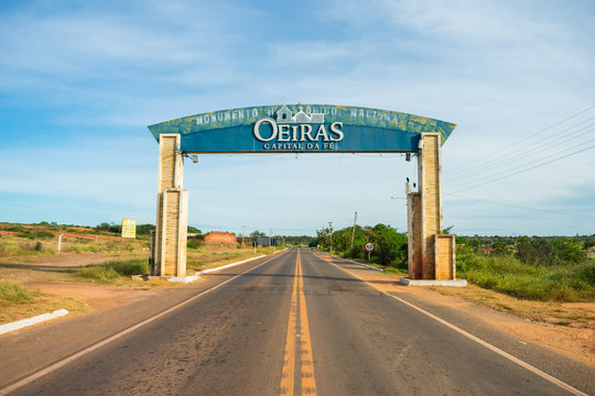 Oeiras, Brazil - Circa May 2019: Road sign at the entrance of Oeiras - written "capital of faith" in Portuguese