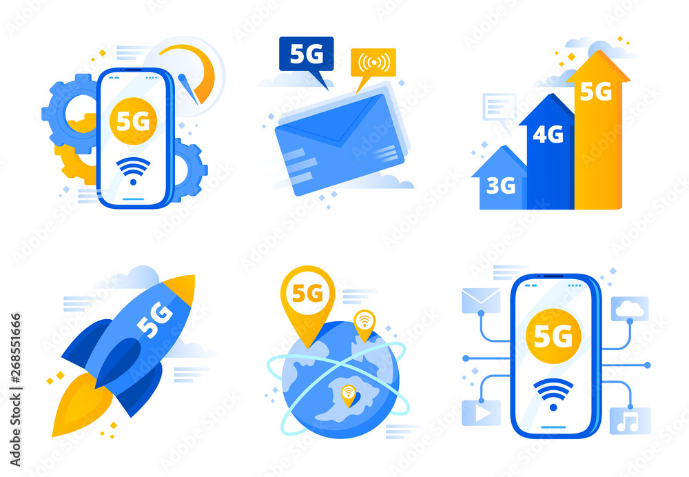 Poster network 5g. fifth generation telecommunications, fast internet connection speed and low latency netw