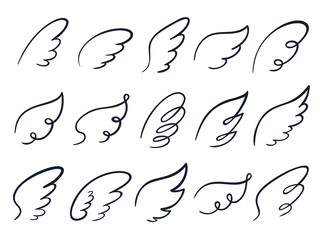 Sketch wings. Hand drawn wing, winged angel feather and wings spread cartoon doodle vector illustration icons set