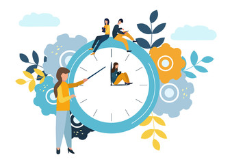 Vector illustration, round clock on white background, time management concept