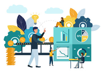 vector illustration, investment management, teamwork, new ideas and growing cash profits, career growth to success, business analysis. Flat color icons