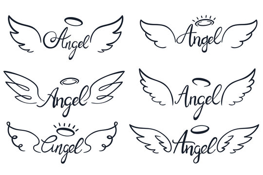 Angel wings lettering. Heaven wing, heavenly winged angels and holy wings sketch vector illustration set