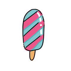 Striped Ice Cream in waffle cone Sketch. Hand drawn cartoon isolated illustration on a white background. Sweet delicious cold ice lolly dessert food, snack. Stylized drawing cartoon Line art. Doodle.
