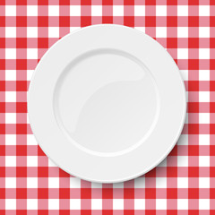 Empty white plate placed on a kitchen table cloth seamless background of classic red colors. Vector illustration.