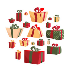 Collection of different cartoon volume flat present box isolated on white background. New Year's and Christmas bright decor in flat style. pastel red, beige, green gift boxes with bows.
