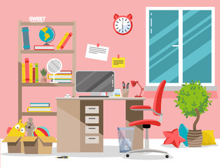 Interior nursery. Girl's room with table, computer, bookshelf,toys in boxes.Flat cartoon illustration.Cozy interior of children's room with plant, furniture, window.Teenager room with workplace