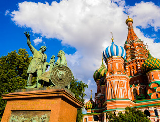 Fototapeta na wymiar Saint Basil's cathedral with monument to Minin and Pozharsky in foreground, Red Square, Moscow, Russia
