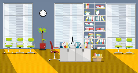 flat illustration of modern cabinet interior with 1 table and 3 large windows in skyscraper in orange-gray colors. Open space with palm tree, shelving for folders, sun ight, chairs for visitors