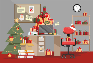 Santa Claus office with mountain of gifts. Piles of present boxes with ribbons and Stack of documents lie on table, floor, shelf. Interior of room is decorated with Christmas tree. Flat cartoon