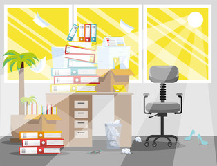 Summer Period of accountants and financier reports submission. Pile of paper documents and file folders in cardboard boxes on office table. Flat illustration windows, chair and waste-basket